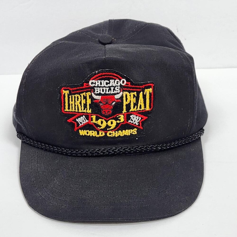 Vintage Chicago Bulls Hat Cap Strap Back NBA Basketball Three Peat World Champs